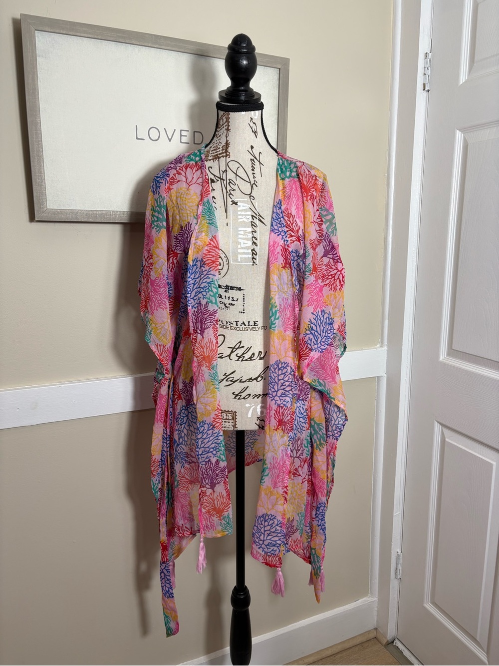 America & Beyond Coral Print Tassel Kimono Cover Up Beach Resort - Picture 8 of 11